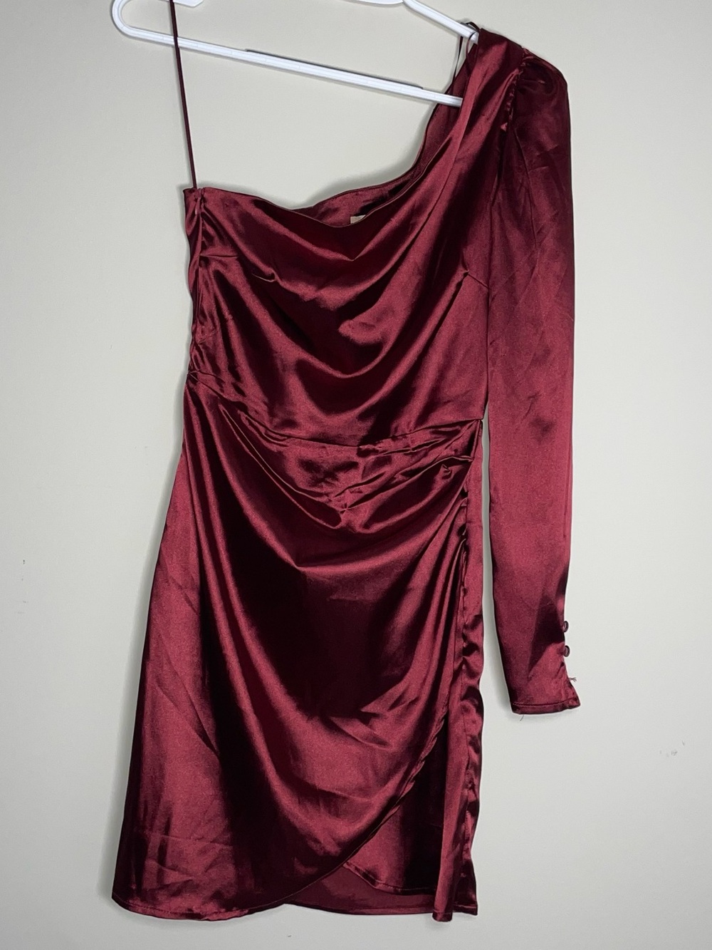 Altar’d State Deep Red Satin One Shoulder Long Sleeve Side Zip Bodycon Dress